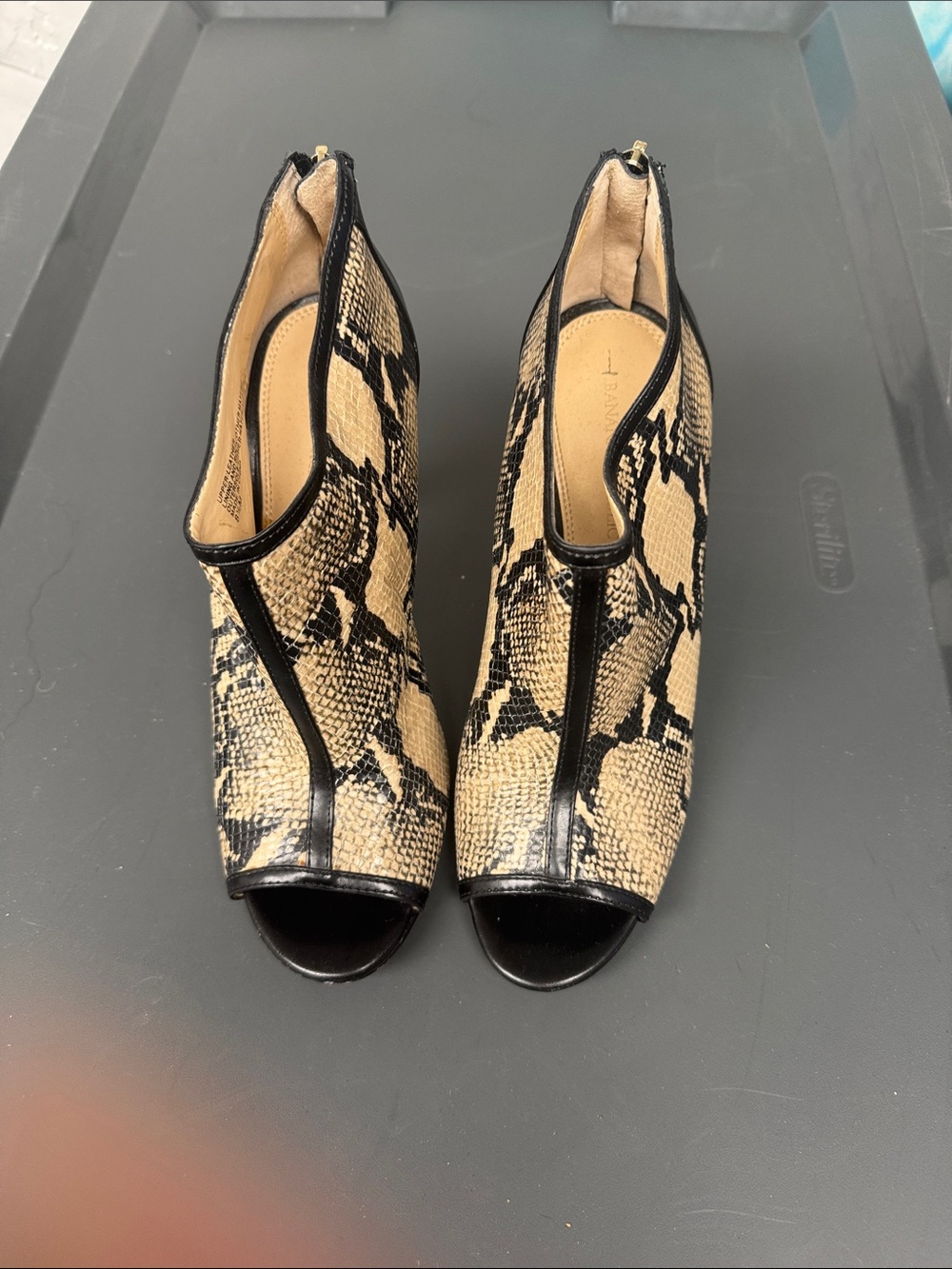 Banana Republic‎ Black and Tan Snake-Print Peep Toe Ankle Booties